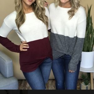 White&Maroon Color Block Knot Sweater